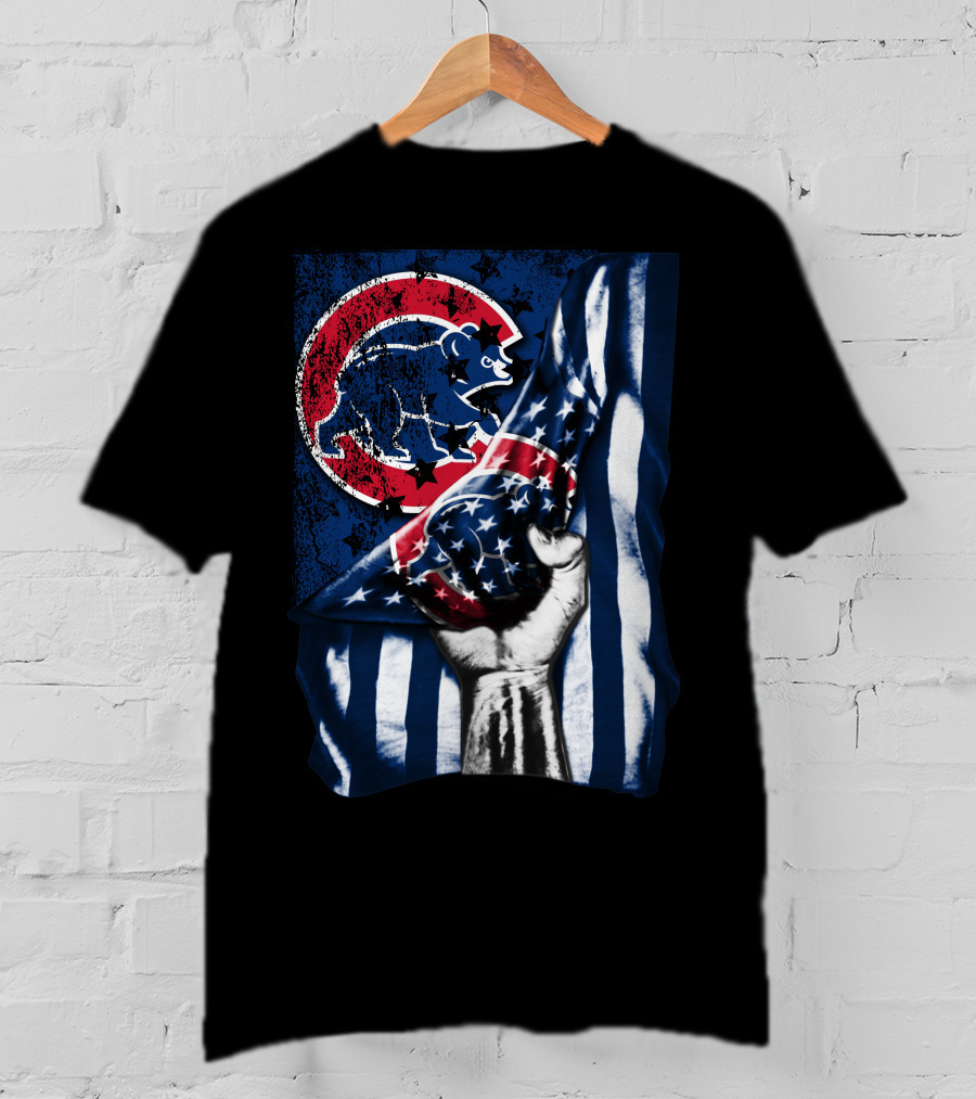 Chicago Cubs American Flag Blue Bear Emblem T-Shirt