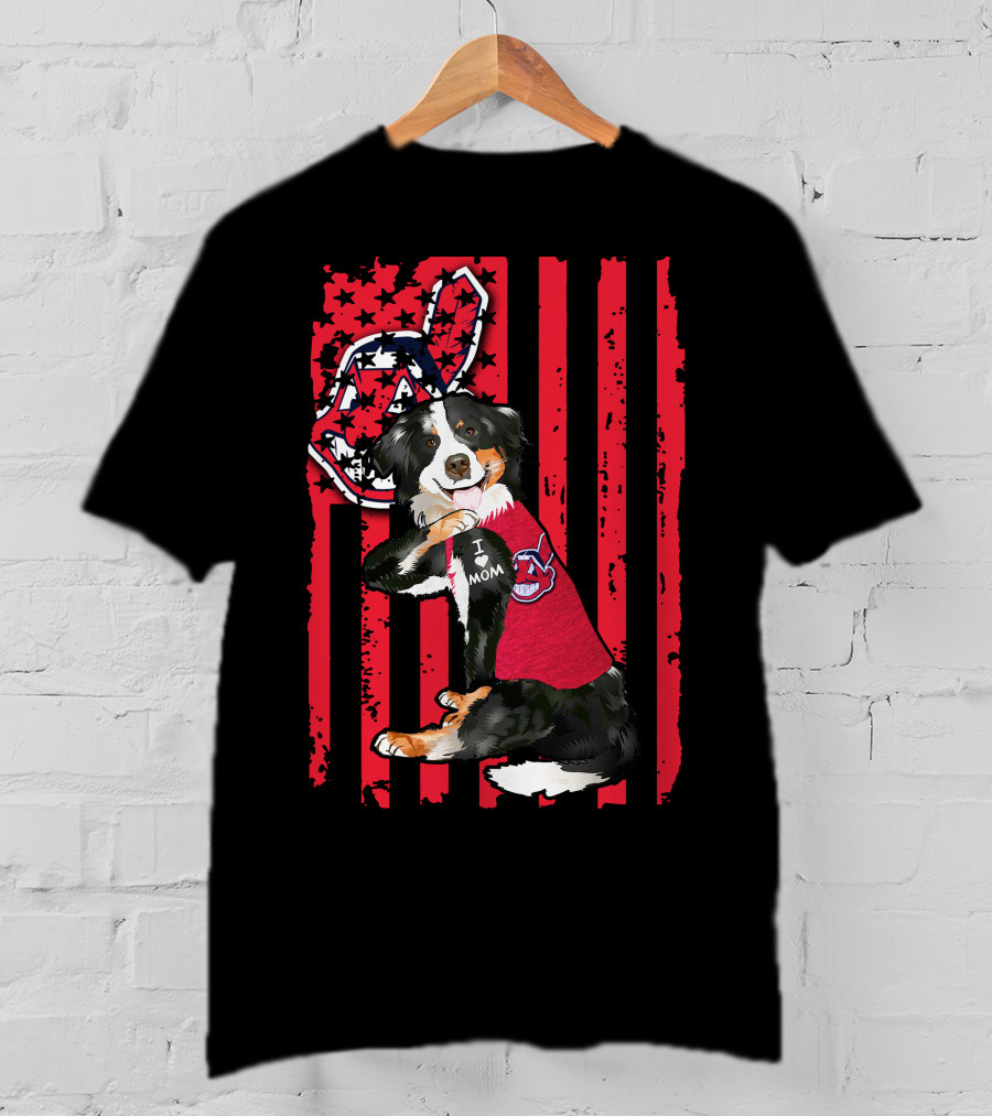 Border Collie American Flag Cleveland Guardians Tattoo I Love Mom T-Shirt