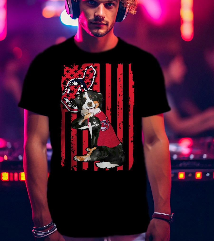 Border Collie American Flag Cleveland Guardians Tattoo I Love Mom T-Shirt