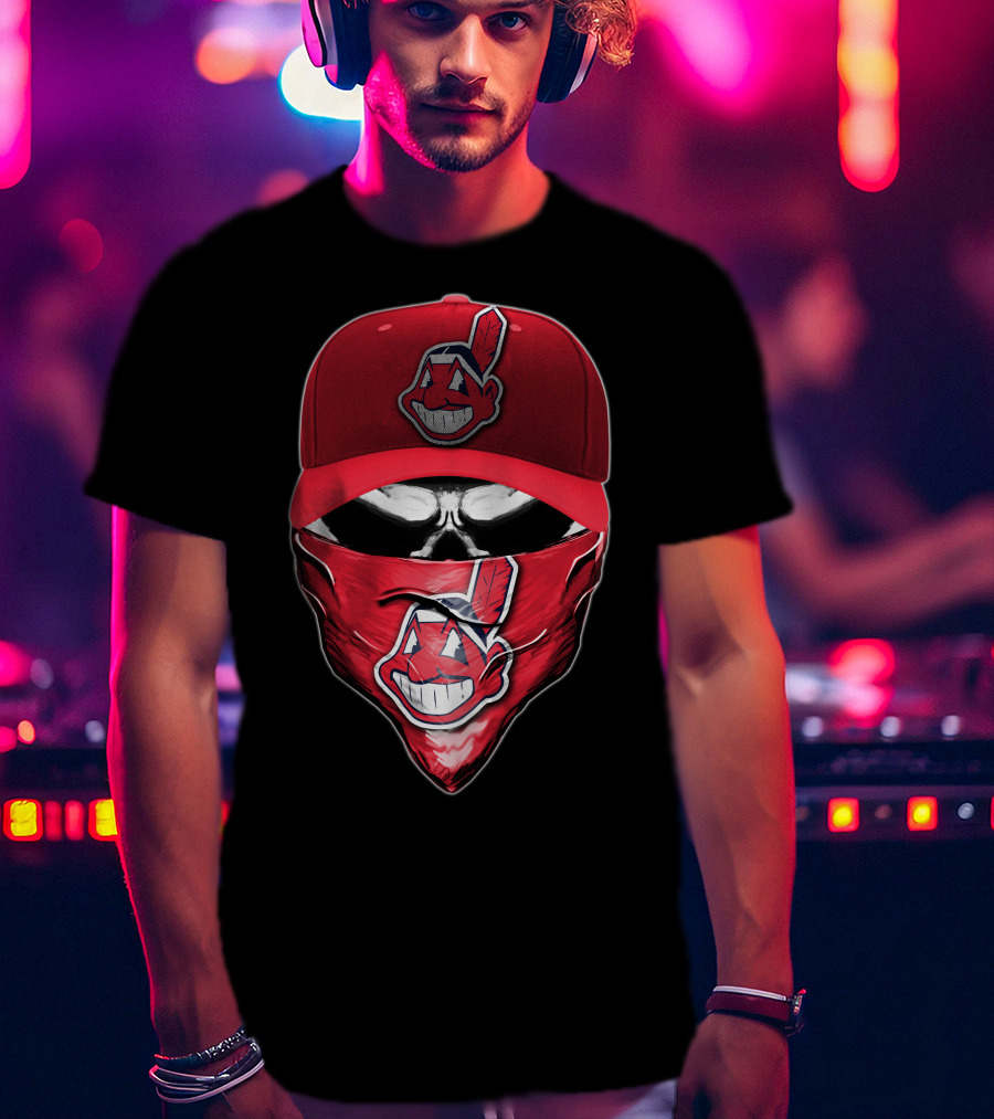 Cleveland Indians Chief Wahoo Skull Mask With Hat And Bandana T-Shirt