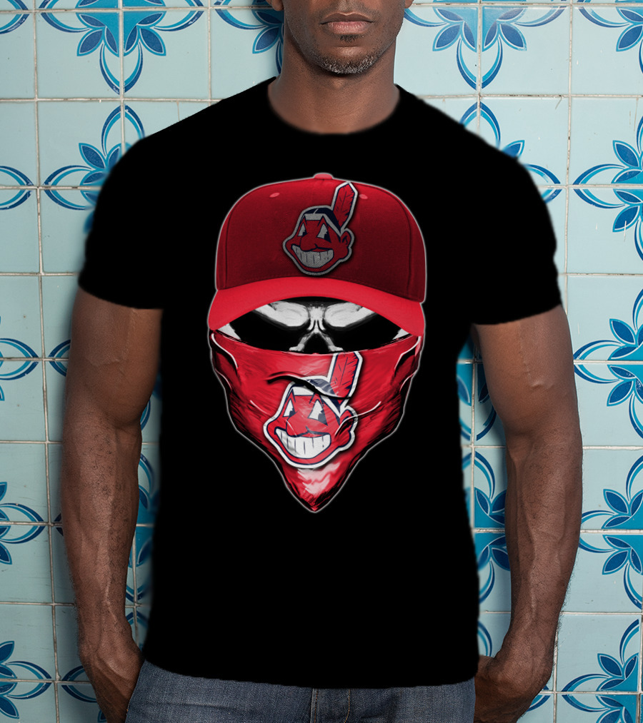 Cleveland Indians Chief Wahoo Skull Mask With Hat And Bandana T-Shirt