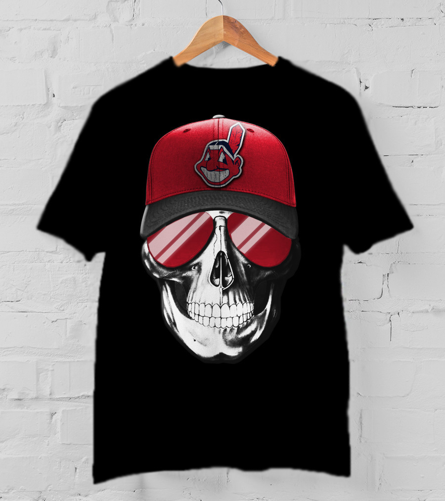 Skull With Cleveland Indians Cap And Sunglasses T-Shirt