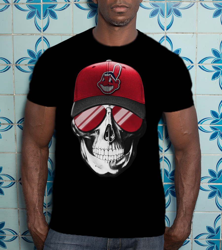 Skull With Cleveland Indians Cap And Sunglasses T-Shirt