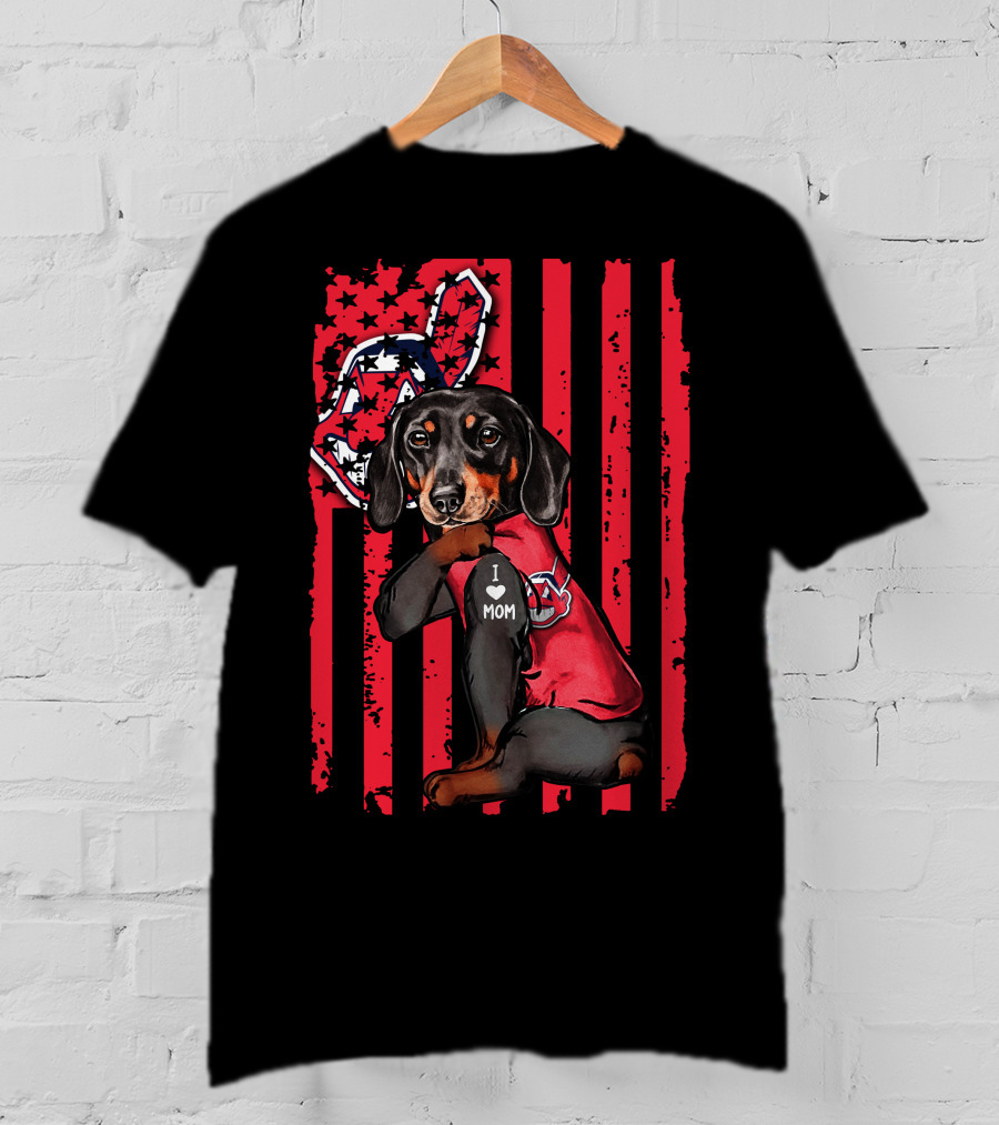 Dachshund With Baseball Team Logo And I Love Mom Patch On Red Stripes T-Shirt