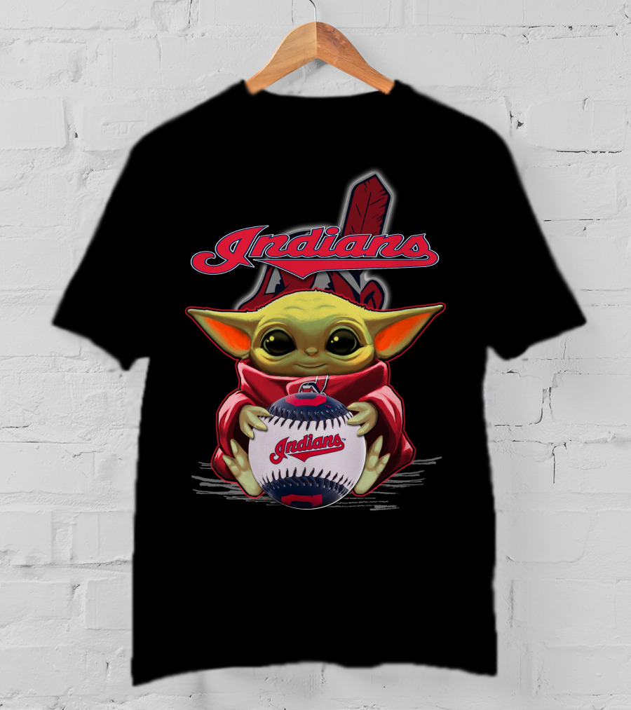 Indians Baby Yoda Holding Baseball With Feather Background T-Shirt