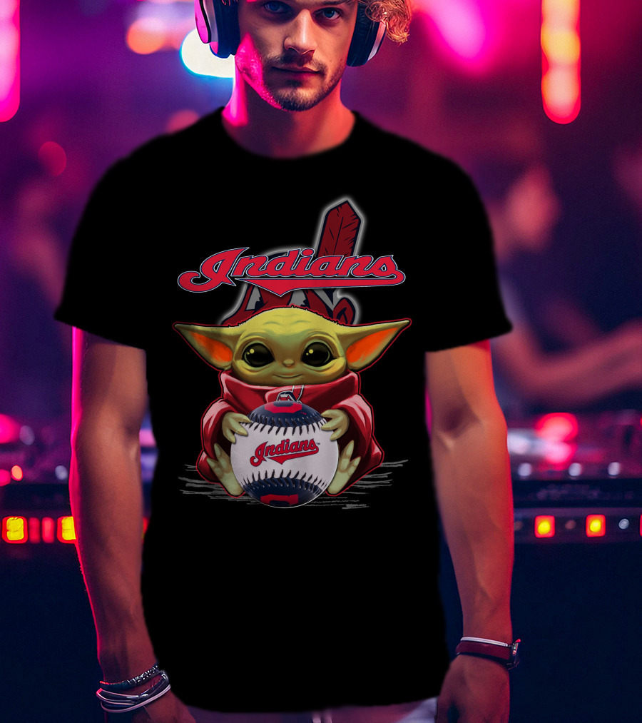 Indians Baby Yoda Holding Baseball With Feather Background T-Shirt