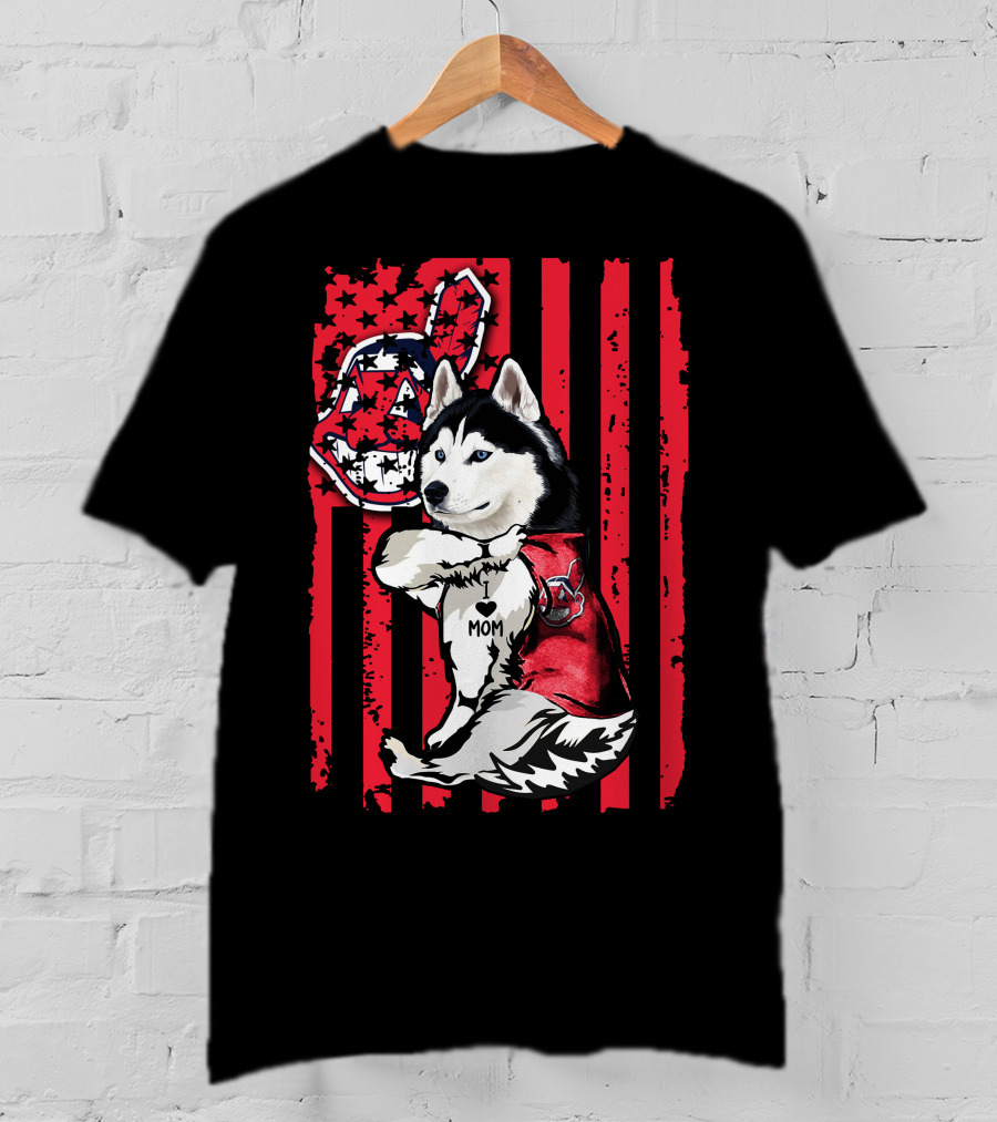 Siberian Husky Cleveland Indians American Flag Baseball Fanatic Mom T-Shirt
