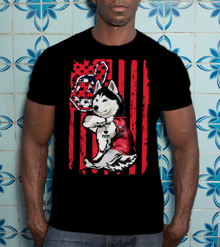 Siberian Husky Cleveland Indians American Flag Baseball Fanatic Mom T-Shirt