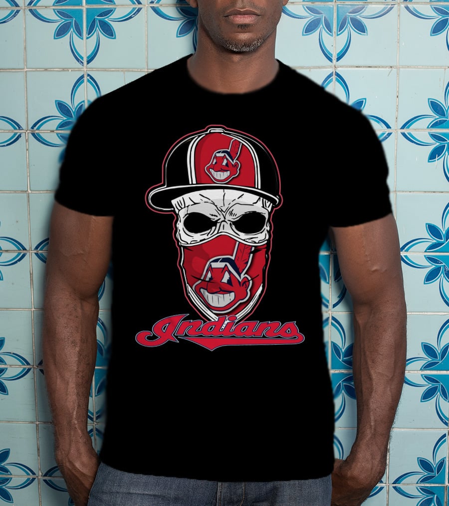 Cleveland Indians Skull Wearing Team Hat T-Shirt