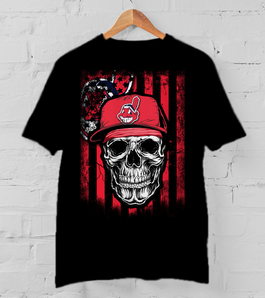 Cleveland Indians Skull With Red Cap And Grunge Stripes T-Shirt
