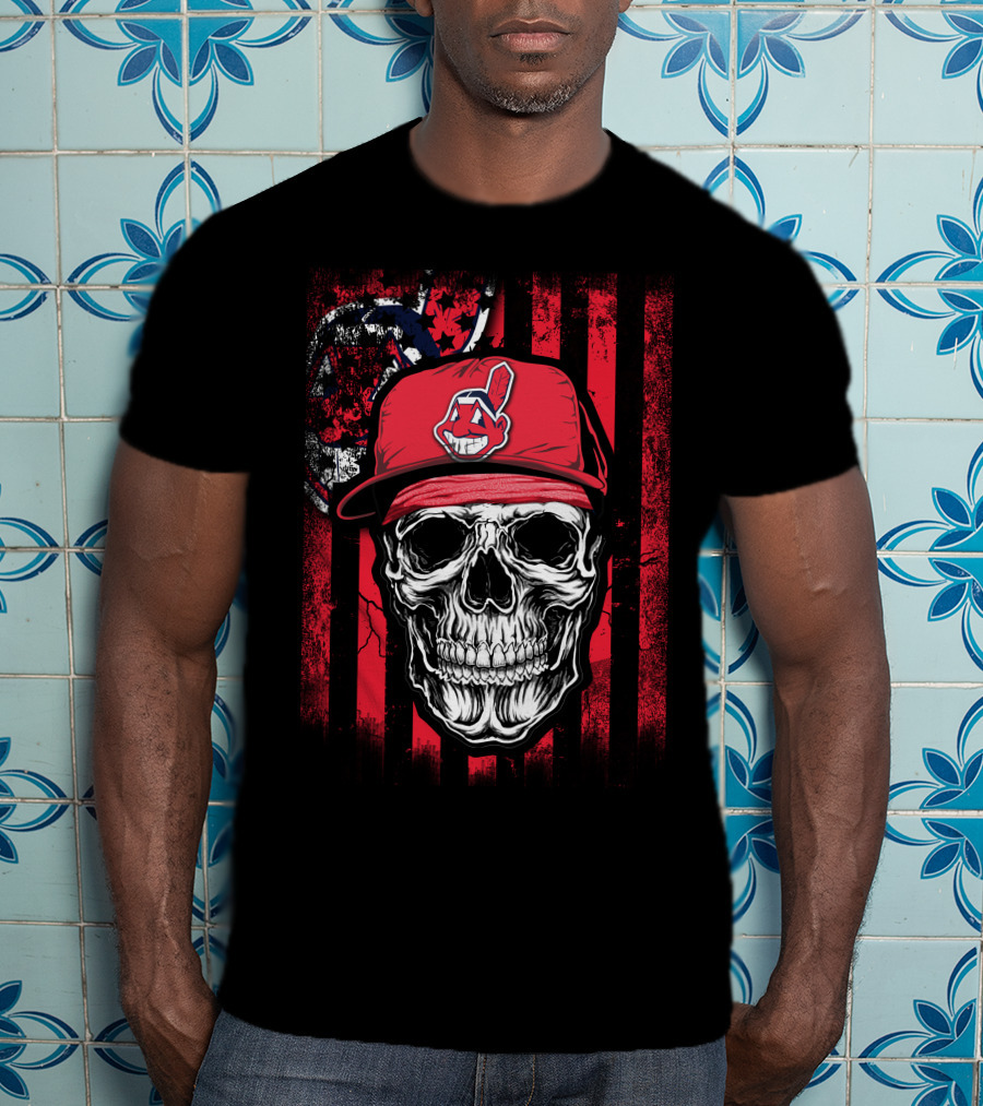 Cleveland Indians Skull With Red Cap And Grunge Stripes T-Shirt