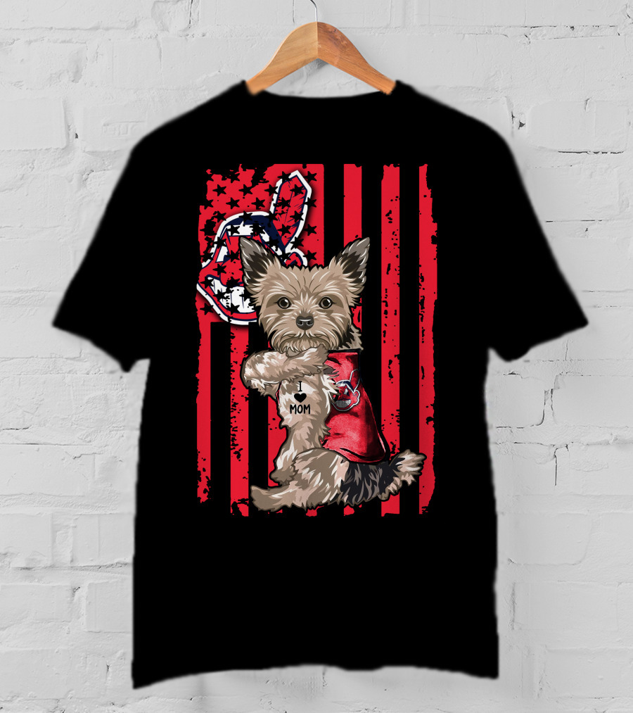 Yorkshire Terrier I Love Mom Cleveland Indians Patriotic Flag T-Shirt