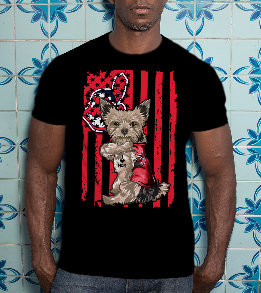Yorkshire Terrier I Love Mom Cleveland Indians Patriotic Flag T-Shirt