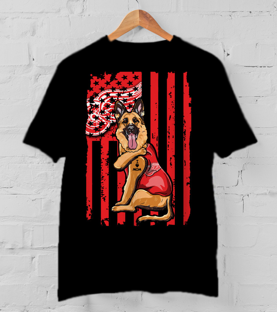 German Shepherd With Detroit Red Wings And I Love Mom Tattoo Flag Background T-Shirt