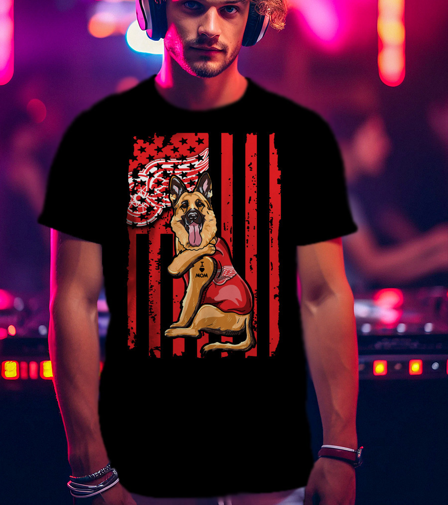 German Shepherd With Detroit Red Wings And I Love Mom Tattoo Flag Background T-Shirt