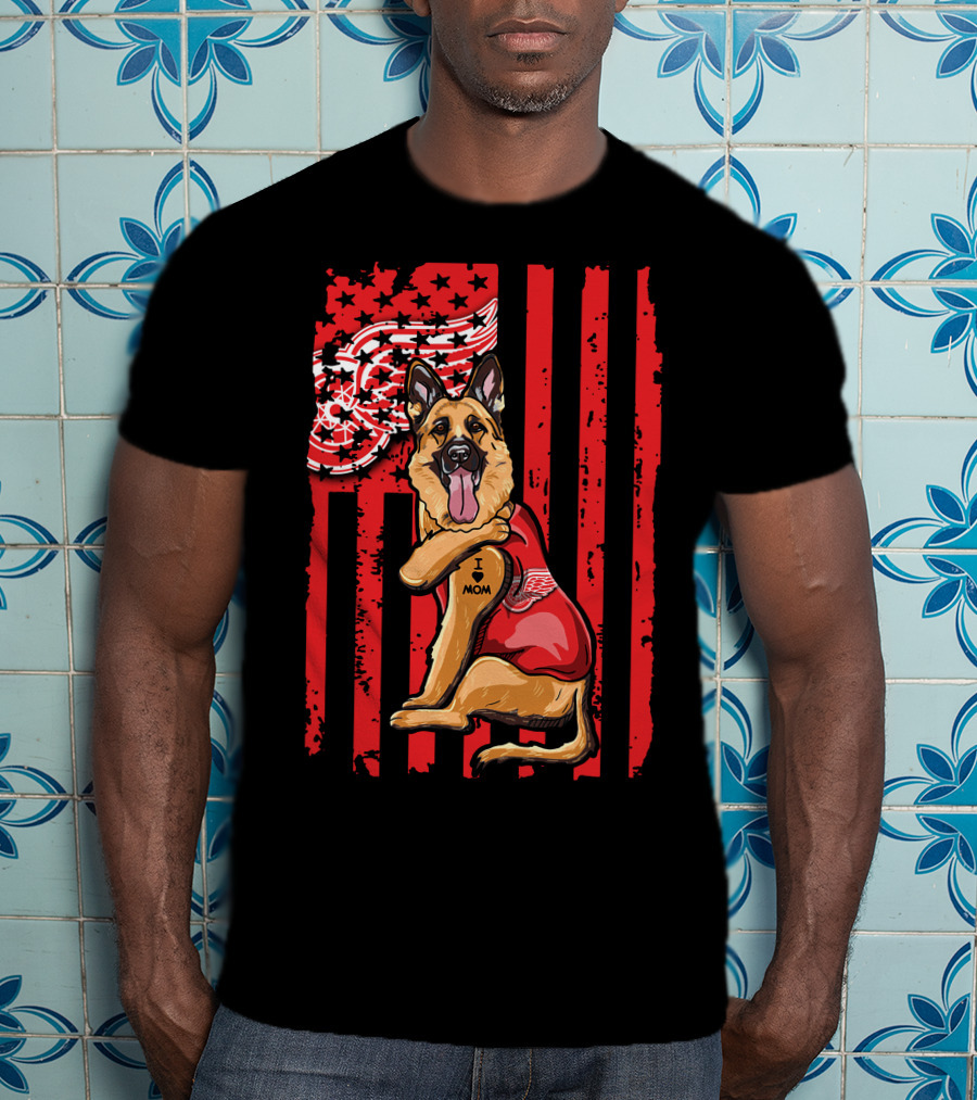 German Shepherd With Detroit Red Wings And I Love Mom Tattoo Flag Background T-Shirt