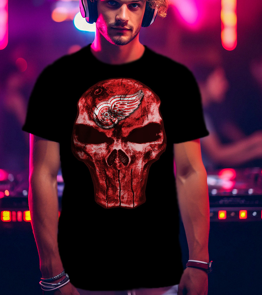 Skull Detroit Red Wings Grunge Style Emblem T-Shirt