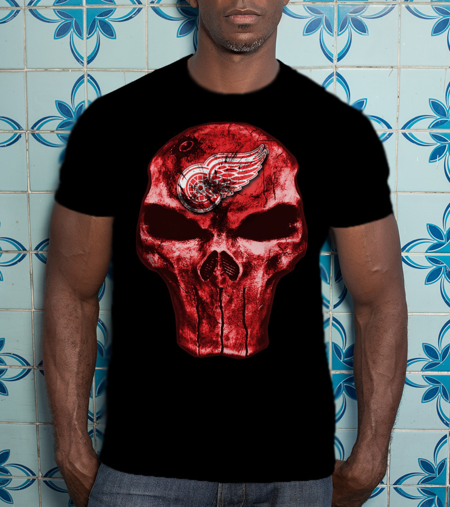 Skull Detroit Red Wings Grunge Style Emblem T-Shirt
