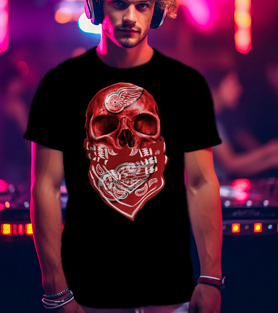 Skull With Detroit Red Wings Bandana T-Shirt