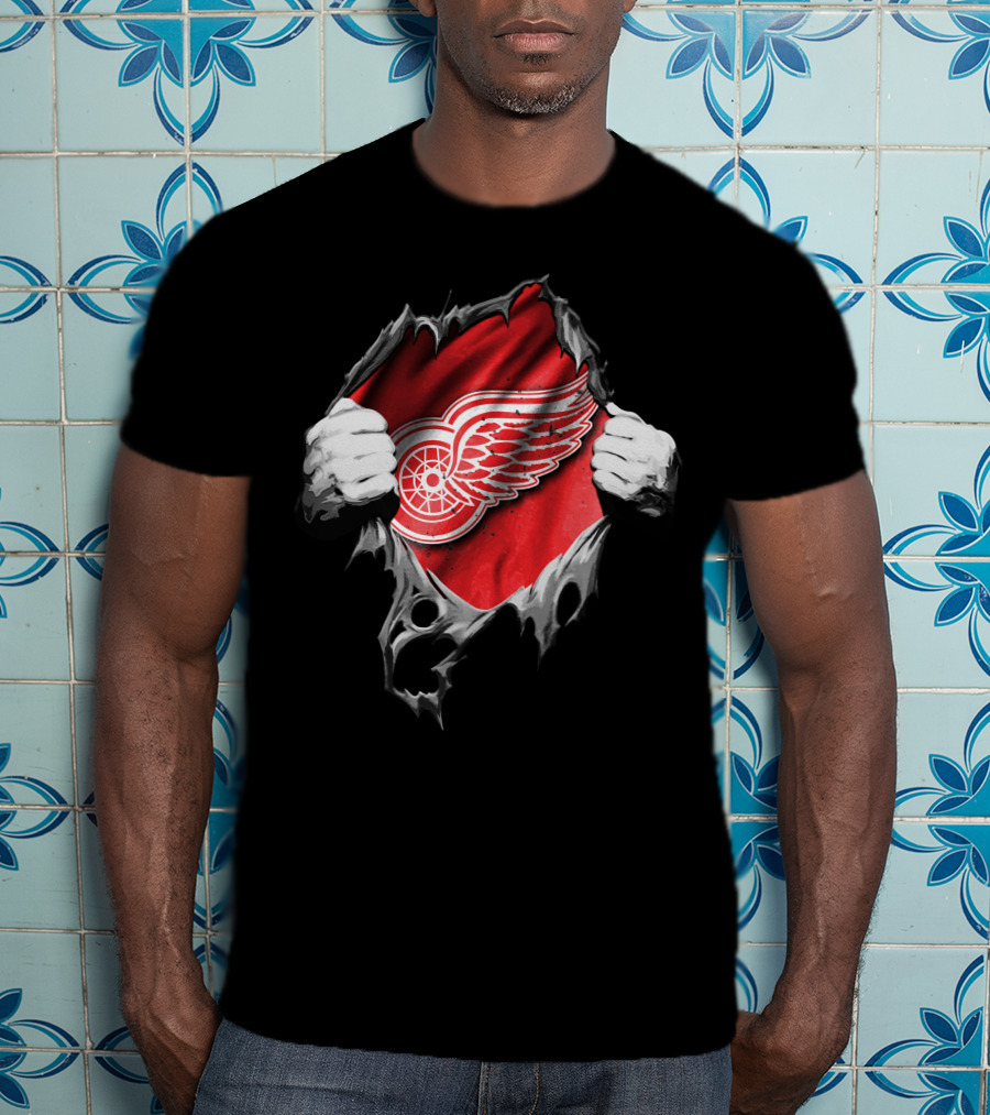 Detroit Red Wings Hockey Emblem Behind Ripped Fabric Peeking Out T-Shirt