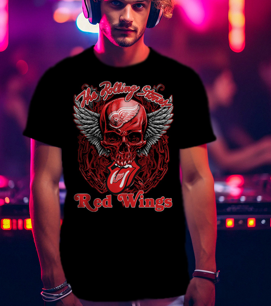 The Rolling Stones Skull With Detroit Red Wings Wings And Tongue T-Shirt