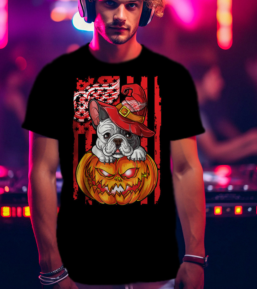 Hlw Bulldog Detroit Red Wings Witch Hat Pumpkin Halloween T-Shirt