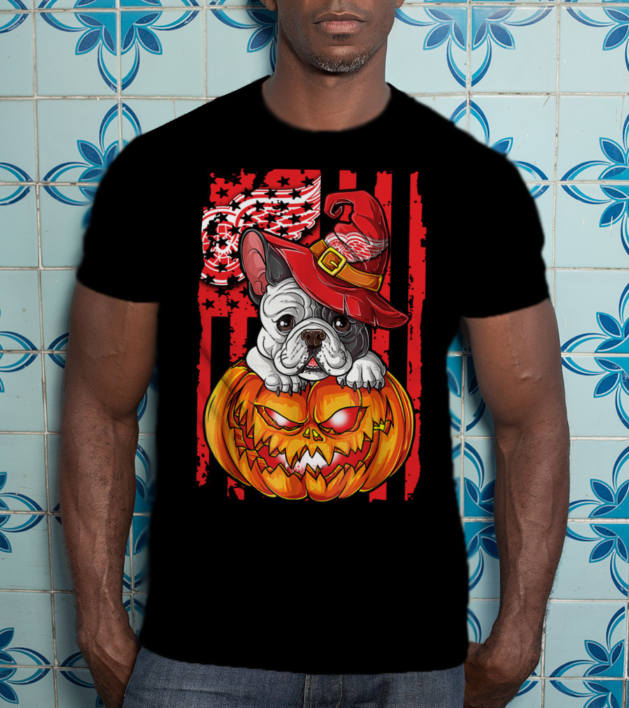 Hlw Bulldog Detroit Red Wings Witch Hat Pumpkin Halloween T-Shirt