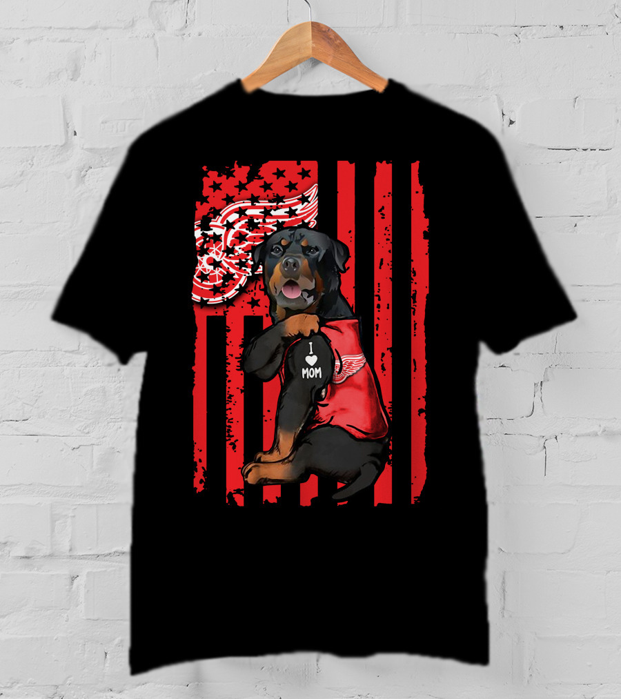 Rottweiler I Love Mom Detroit Red Wings American Flag T-Shirt