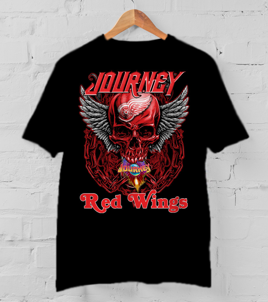 Journey Detroit Red Wings Skull Wings Flame Chain T-Shirt