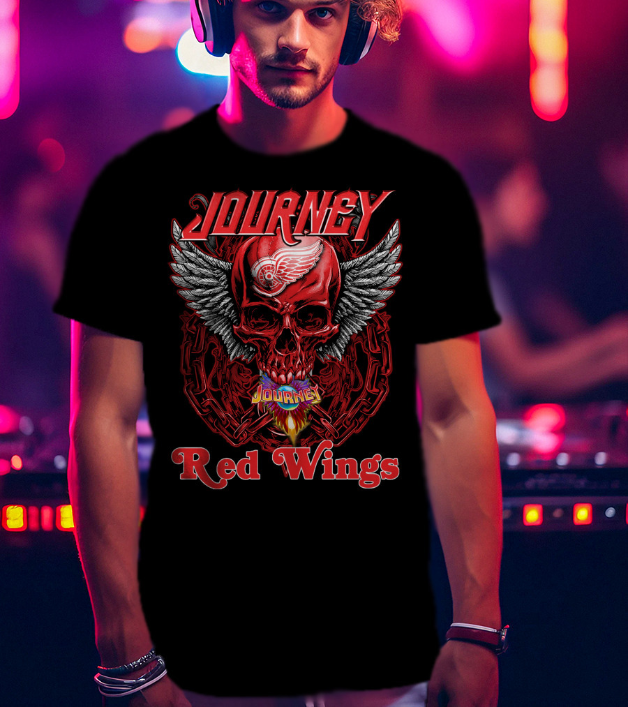 Journey Detroit Red Wings Skull Wings Flame Chain T-Shirt