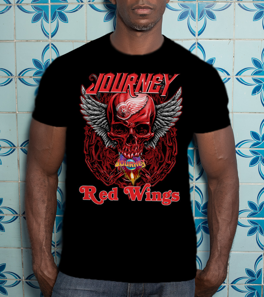 Journey Detroit Red Wings Skull Wings Flame Chain T-Shirt