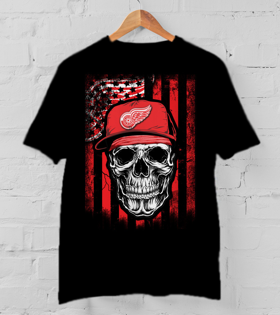 Skull Detroit Red Wings American Flag Hat T-Shirt