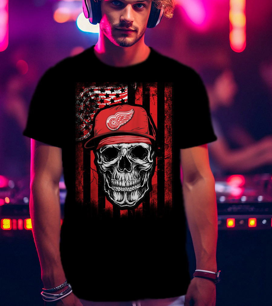 Skull Detroit Red Wings American Flag Hat T-Shirt