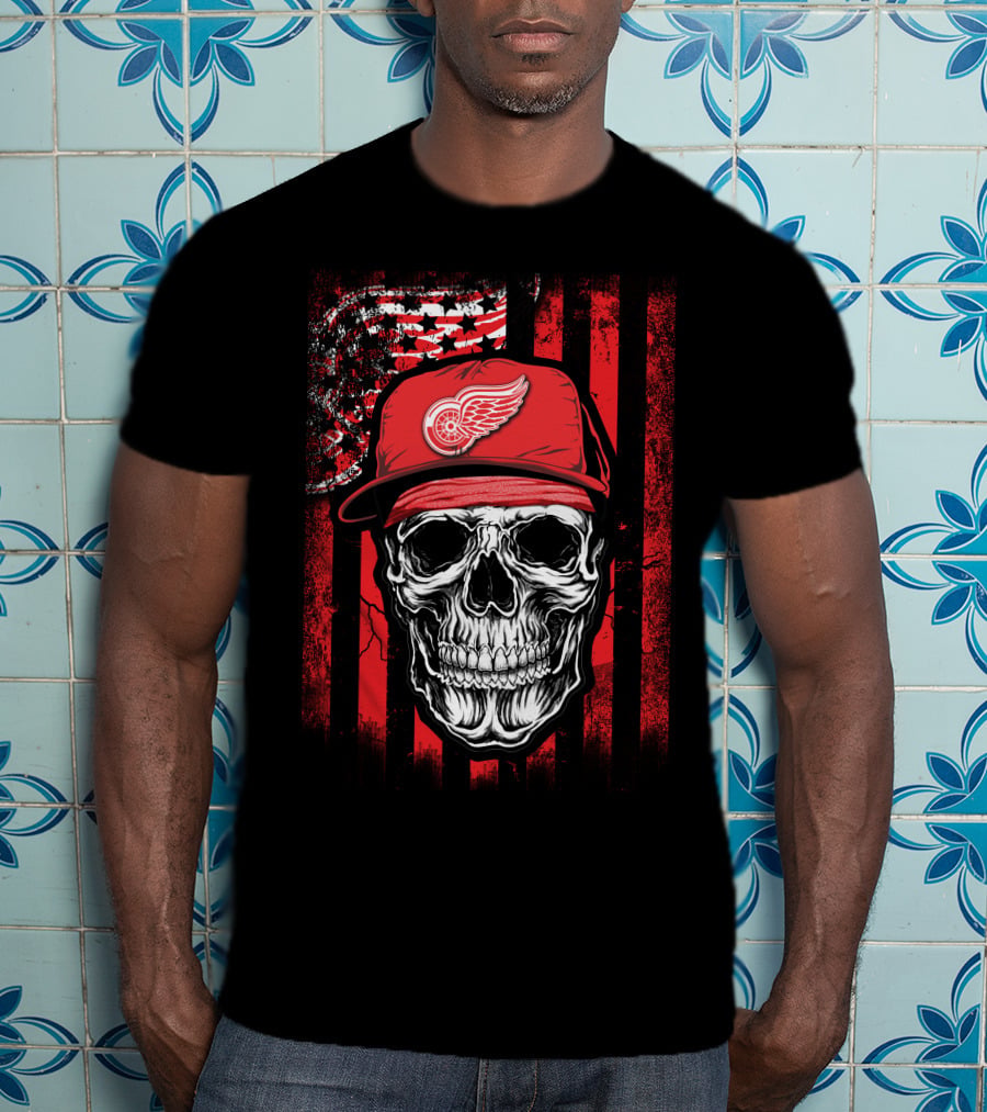 Skull Detroit Red Wings American Flag Hat T-Shirt