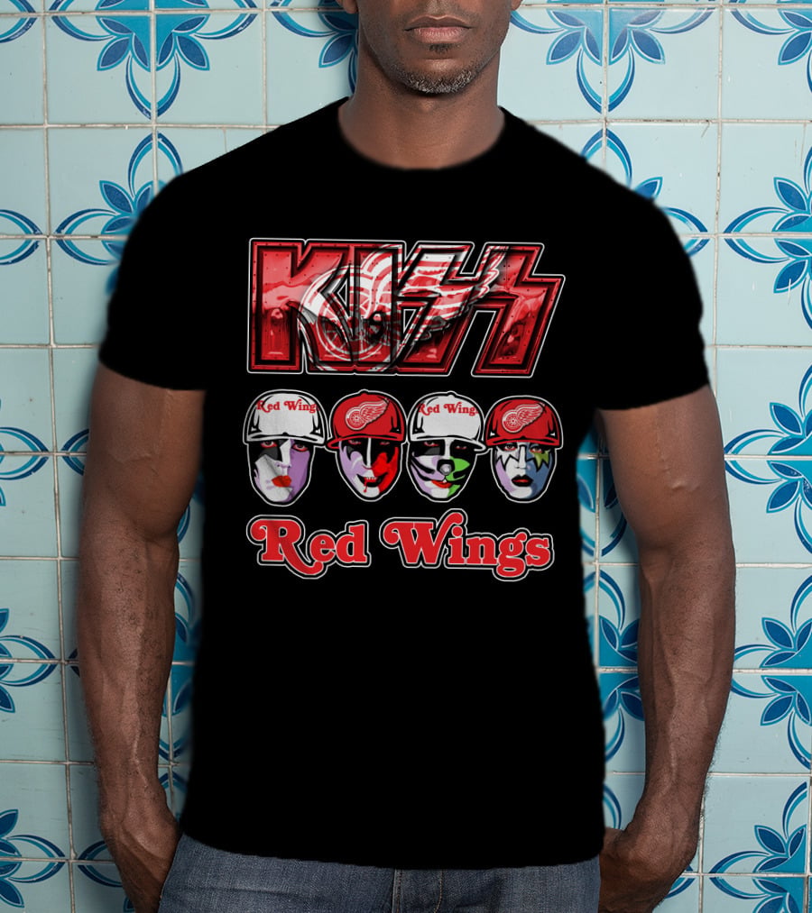 Kiss Detroit Red Wings Face Makeup Hockey Caps T-Shirt