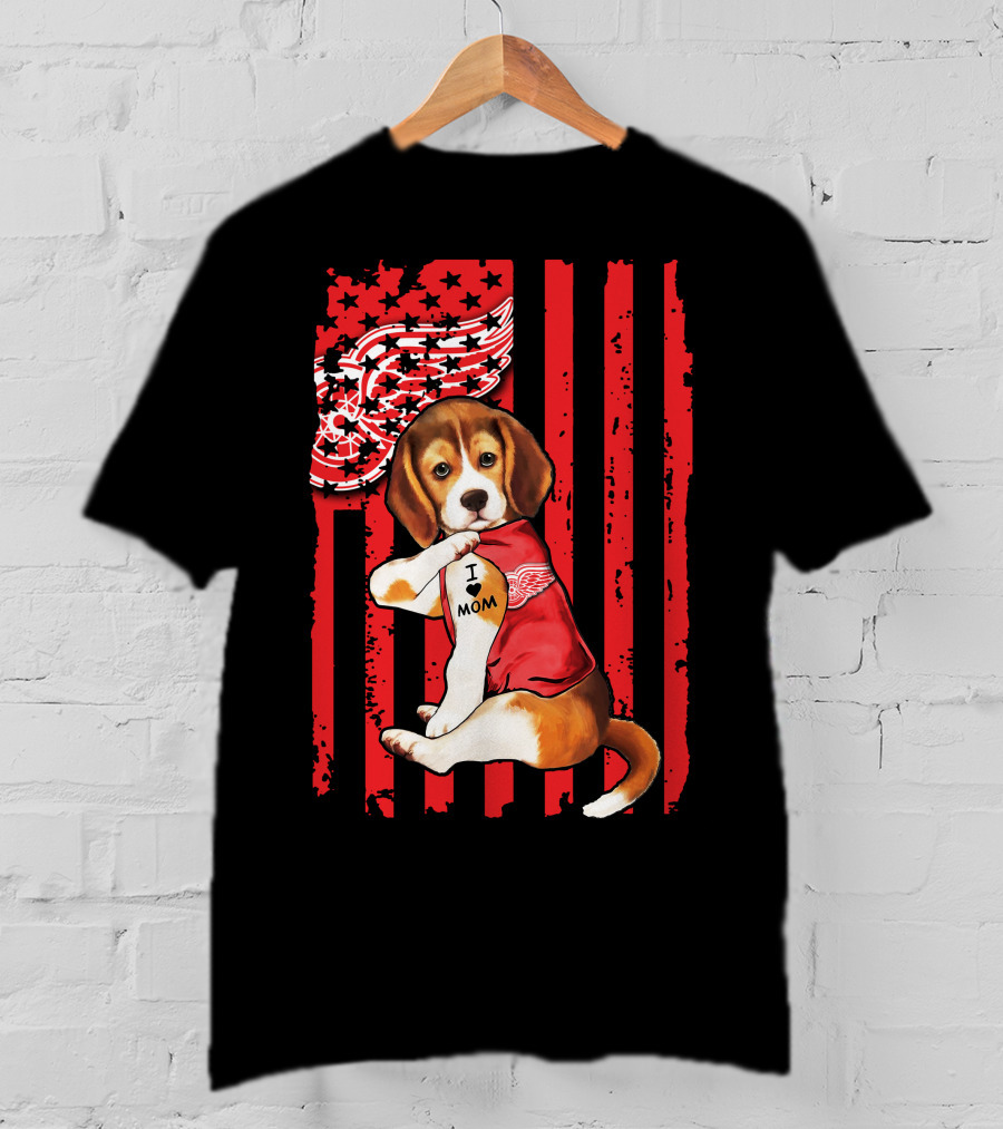 Beagle I Love Mom Detroit Red Wings Red Stripes T-Shirt