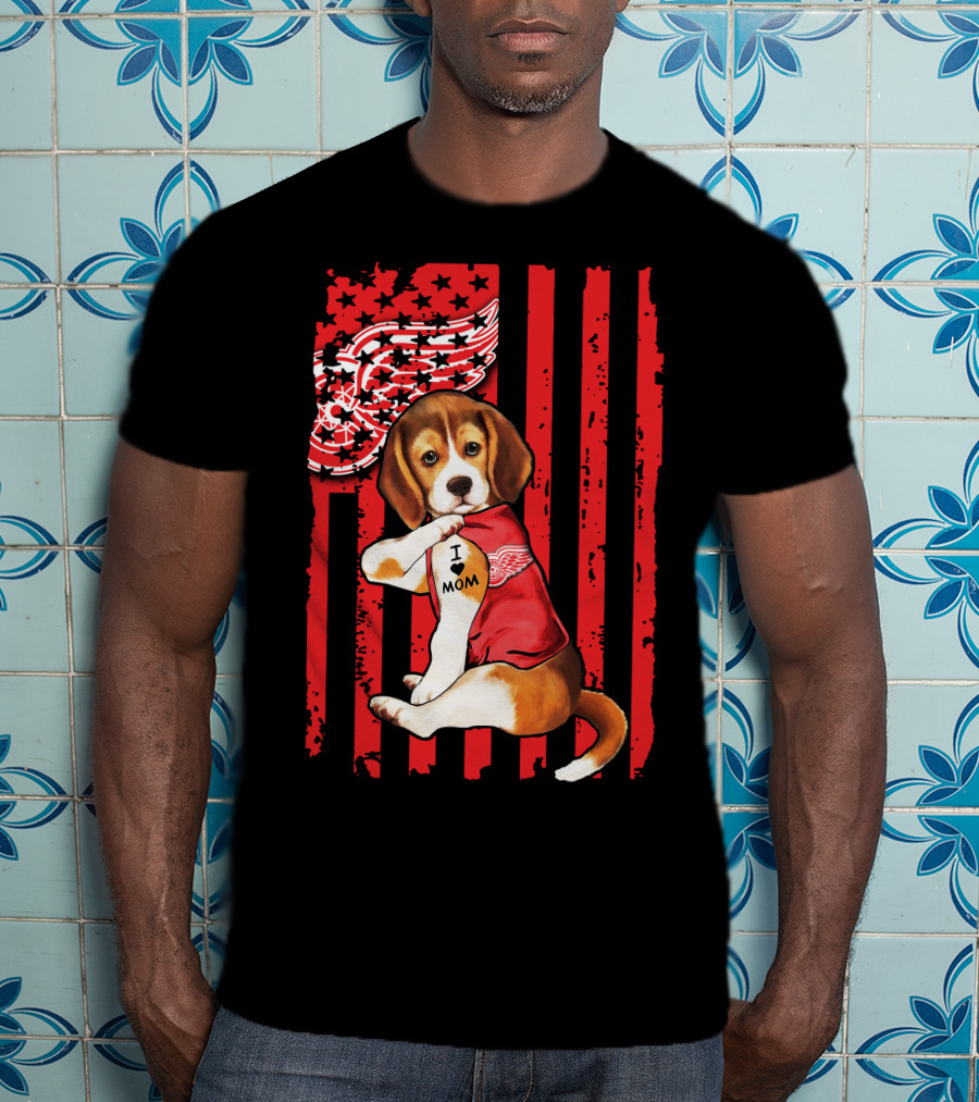 Beagle I Love Mom Detroit Red Wings Red Stripes T-Shirt