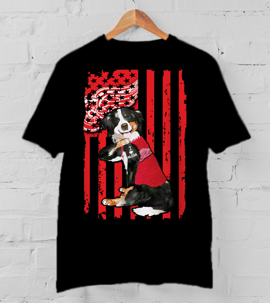 Border Collie I Love Mom Detroit Red Wings USA Flag T-Shirt