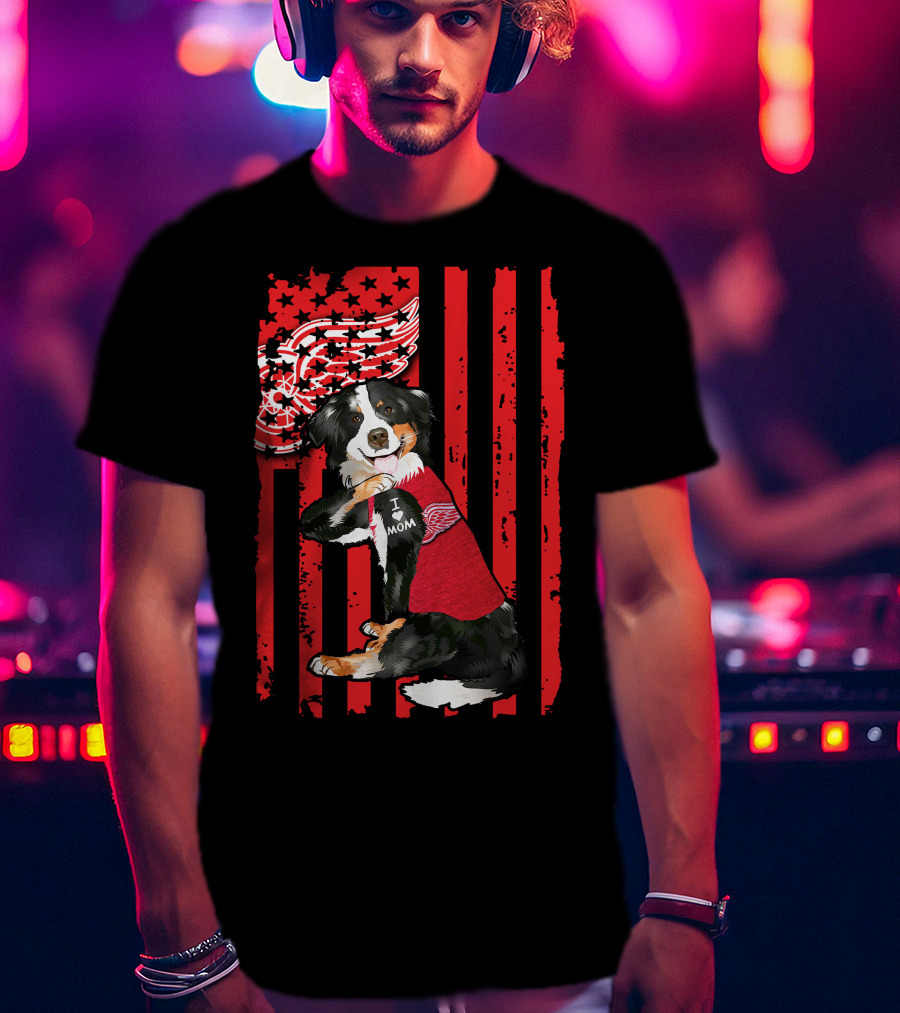 Border Collie I Love Mom Detroit Red Wings USA Flag T-Shirt