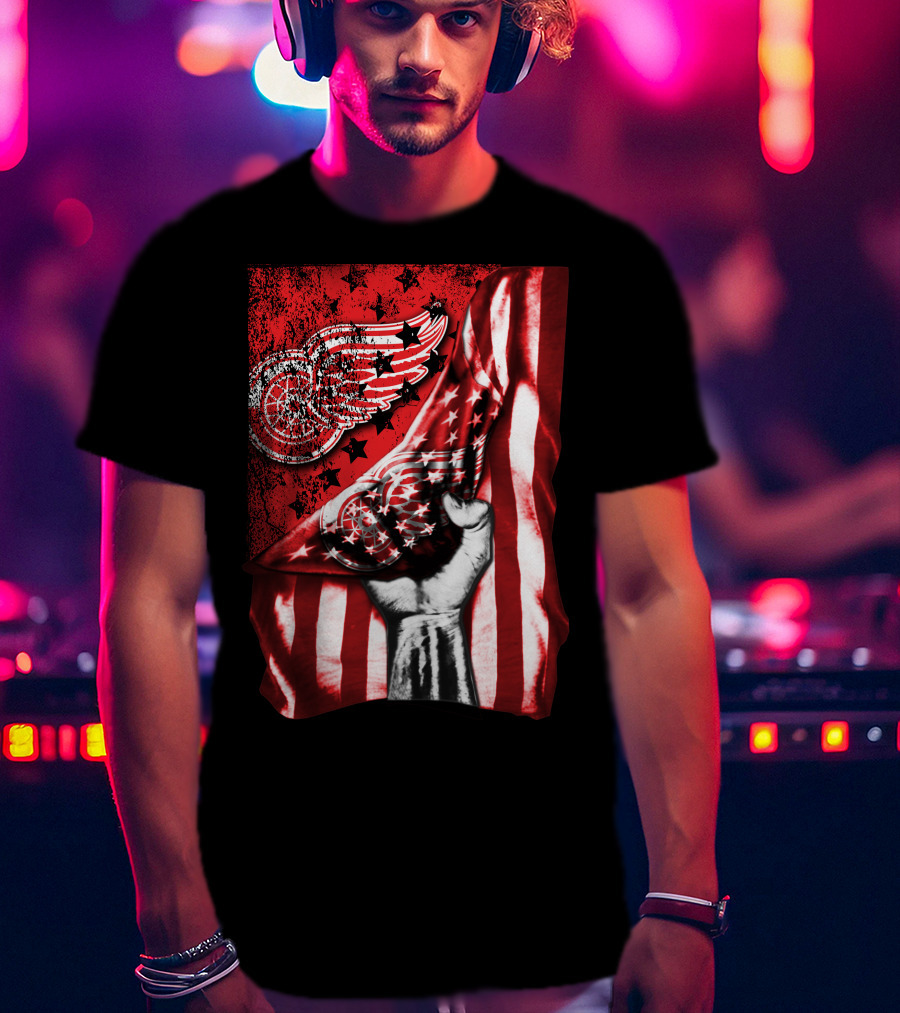 Detroit Red Wings American Flag Fist Star Graphics T-Shirt