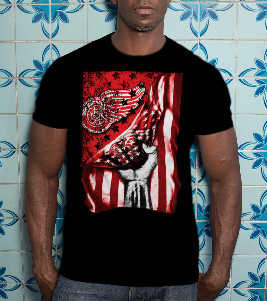 Detroit Red Wings American Flag Fist Star Graphics T-Shirt
