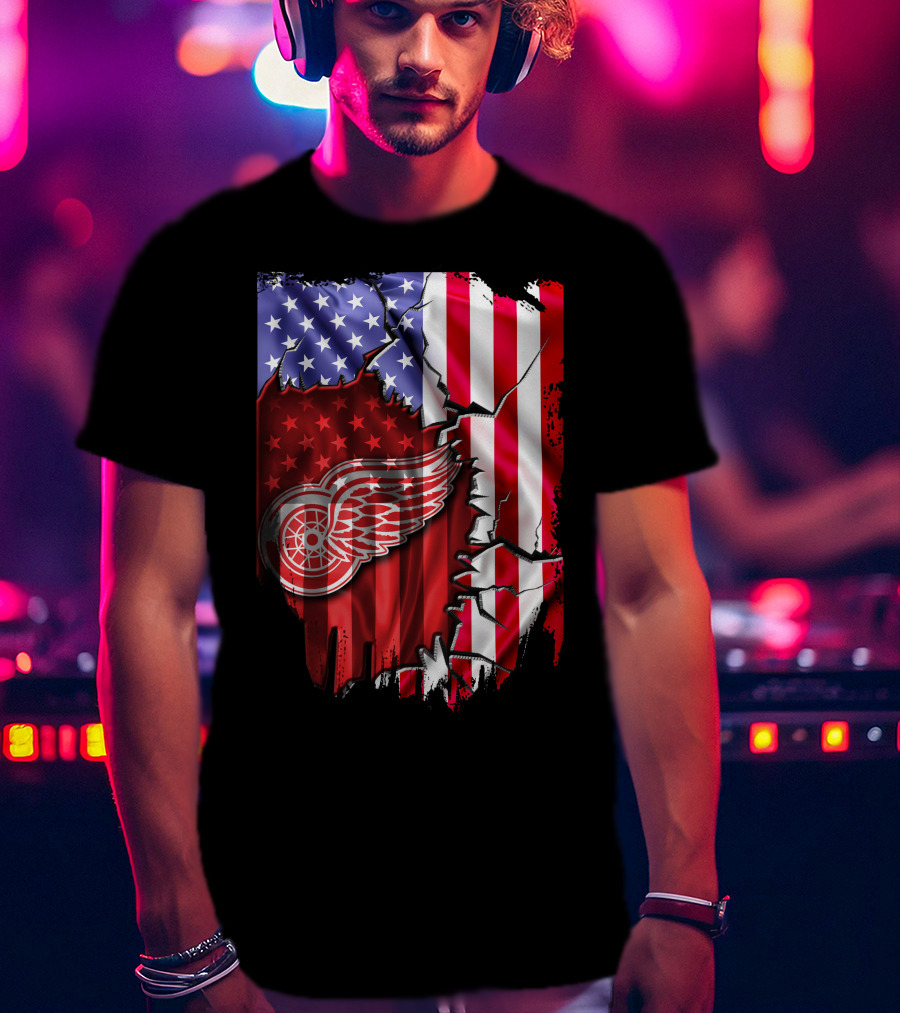 Flag Stars And Stripes Detroit Red Wings Winged Wheel T-Shirt