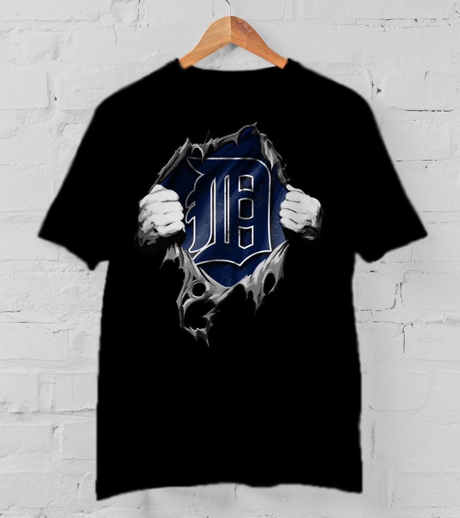 Torn Detroit Tigers Logo Hands Pulling Through Ripped Fabric T-Shirt