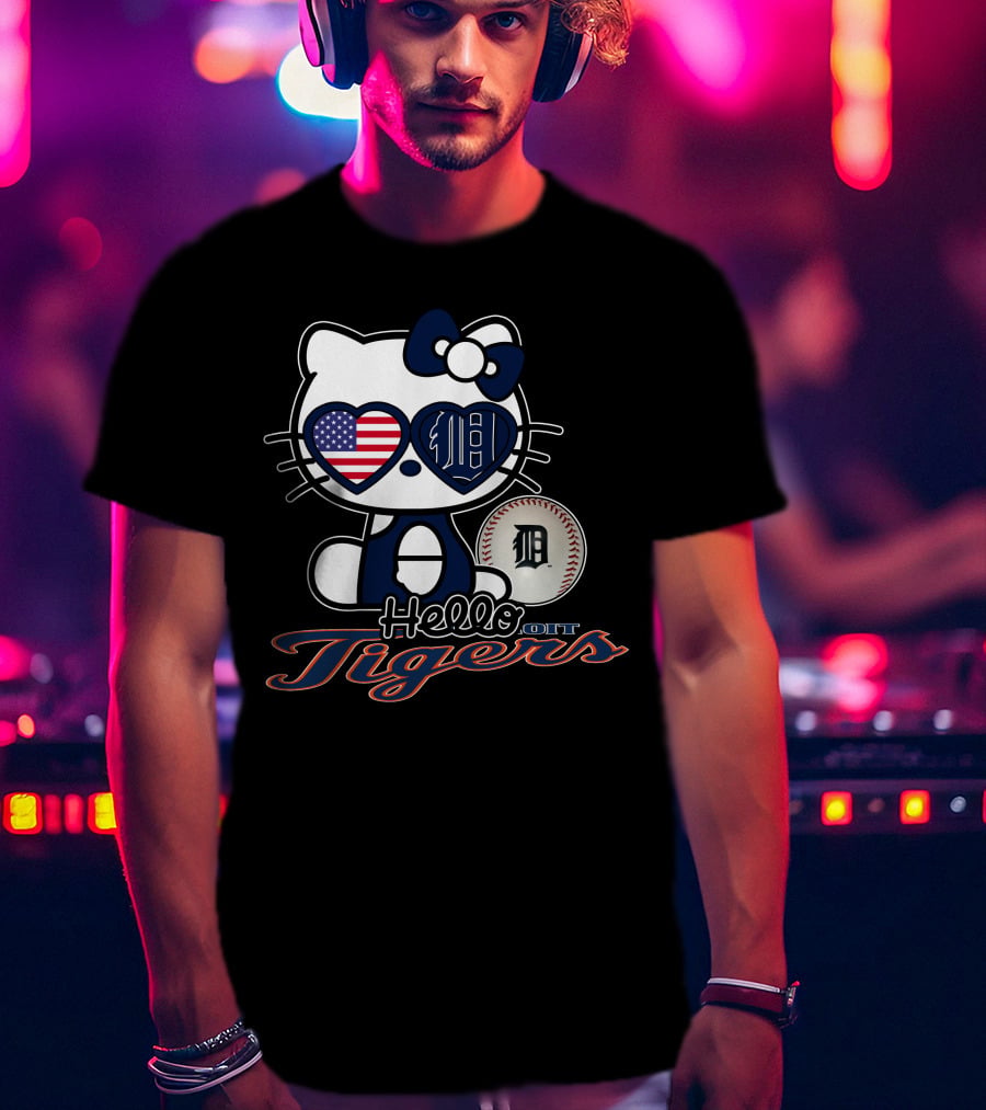 Hello Kitty Detroit Tigers American Flag Baseball T-Shirt