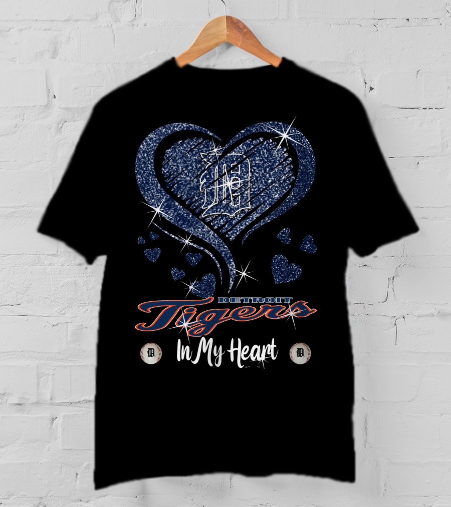 Detroit Tigers In My Heart Sparkling Logo And Hearts T-Shirt