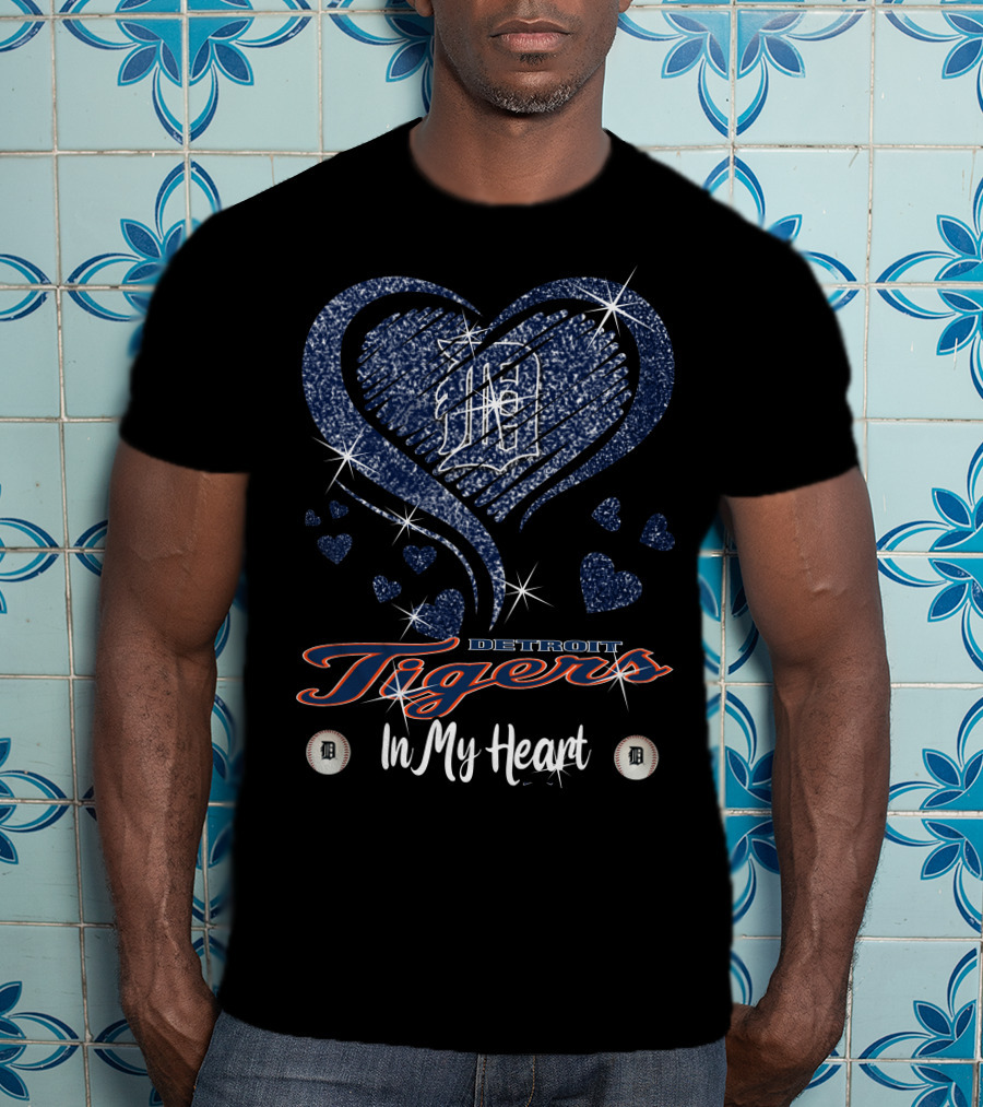Detroit Tigers In My Heart Sparkling Logo And Hearts T-Shirt