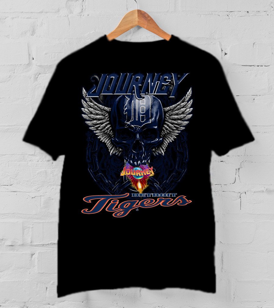 Journey Detroit Tigers Skull Wings Flame T-Shirt