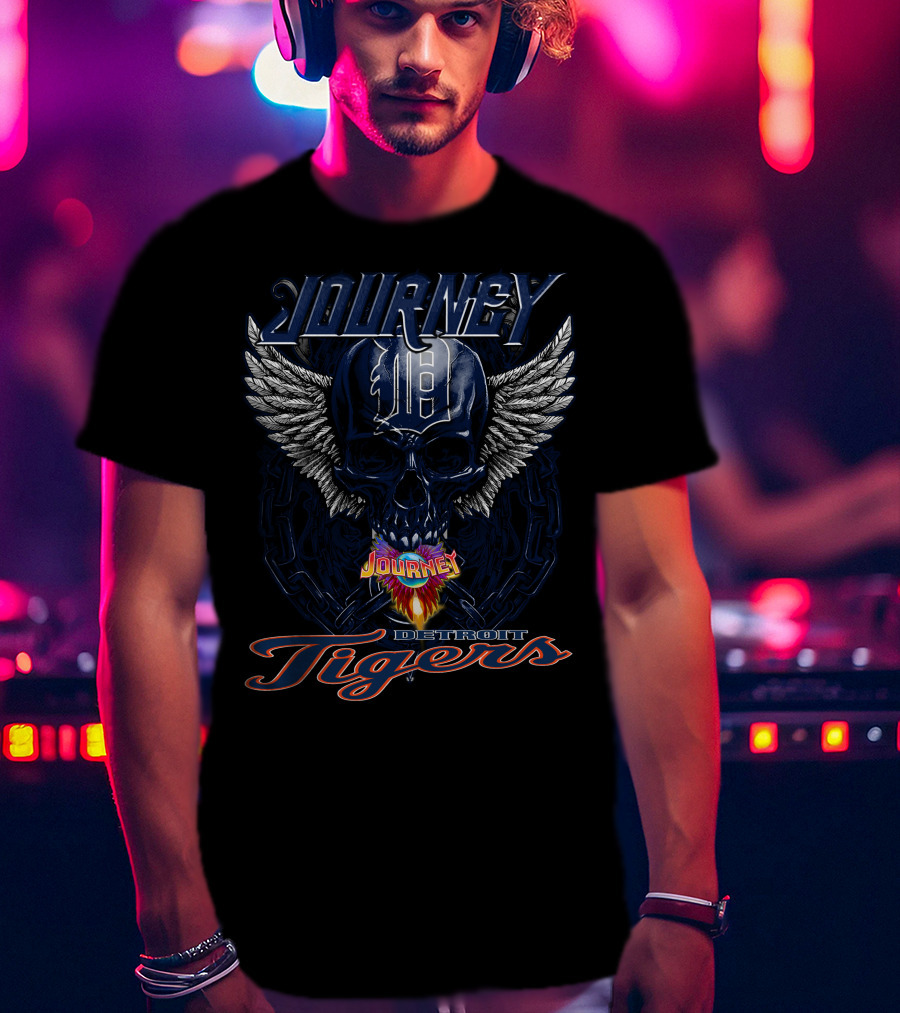 Journey Detroit Tigers Skull Wings Flame T-Shirt