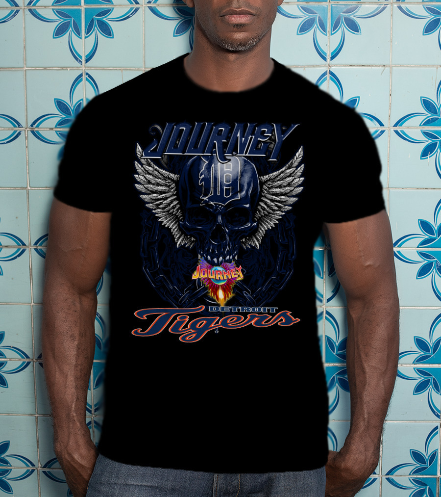 Journey Detroit Tigers Skull Wings Flame T-Shirt