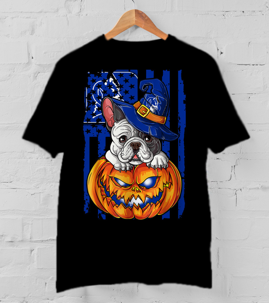 Hlw Bulldog On Duke Blue Devils Themed Halloween Pumpkin With Wizard Hat T-Shirt